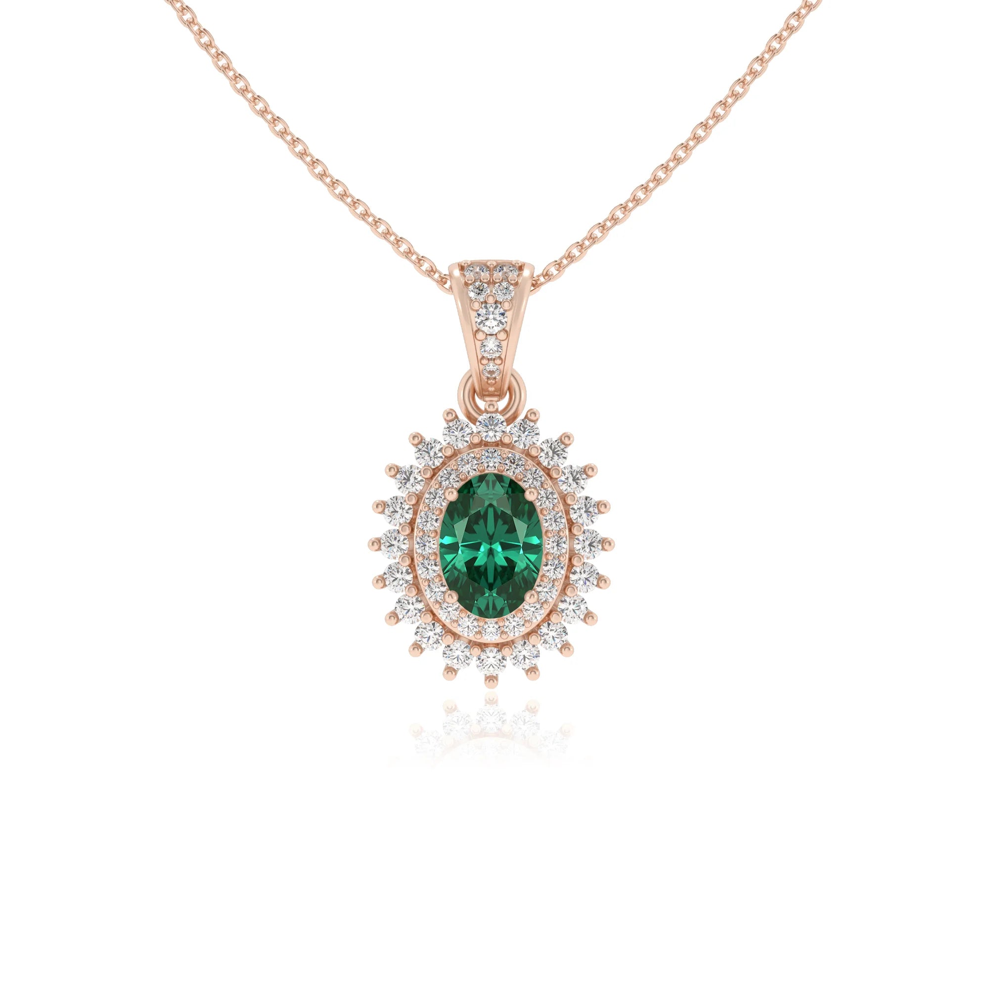 lab grown emerald oval halo necklaces in rose gold 