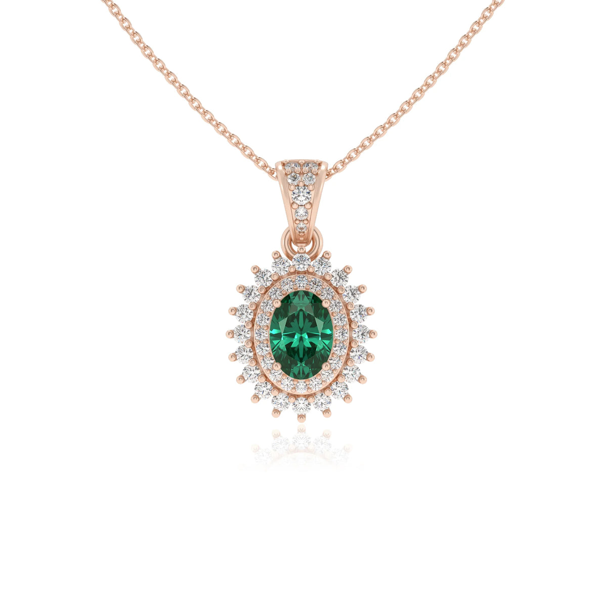 lab grown emerald oval halo necklaces in rose gold 