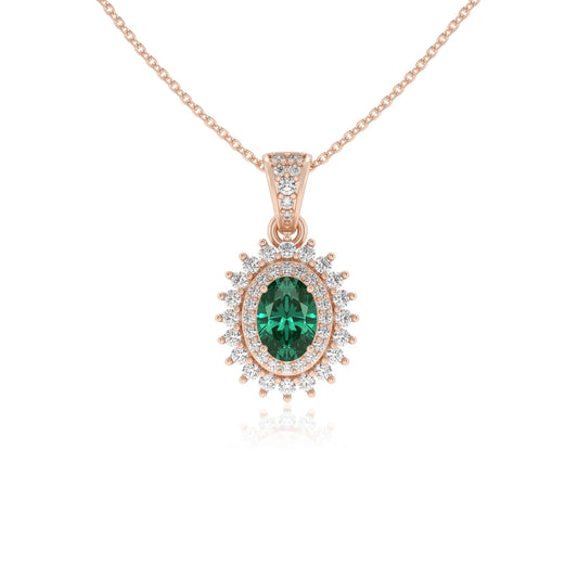lab grown emerald oval halo necklaces in rose gold 
