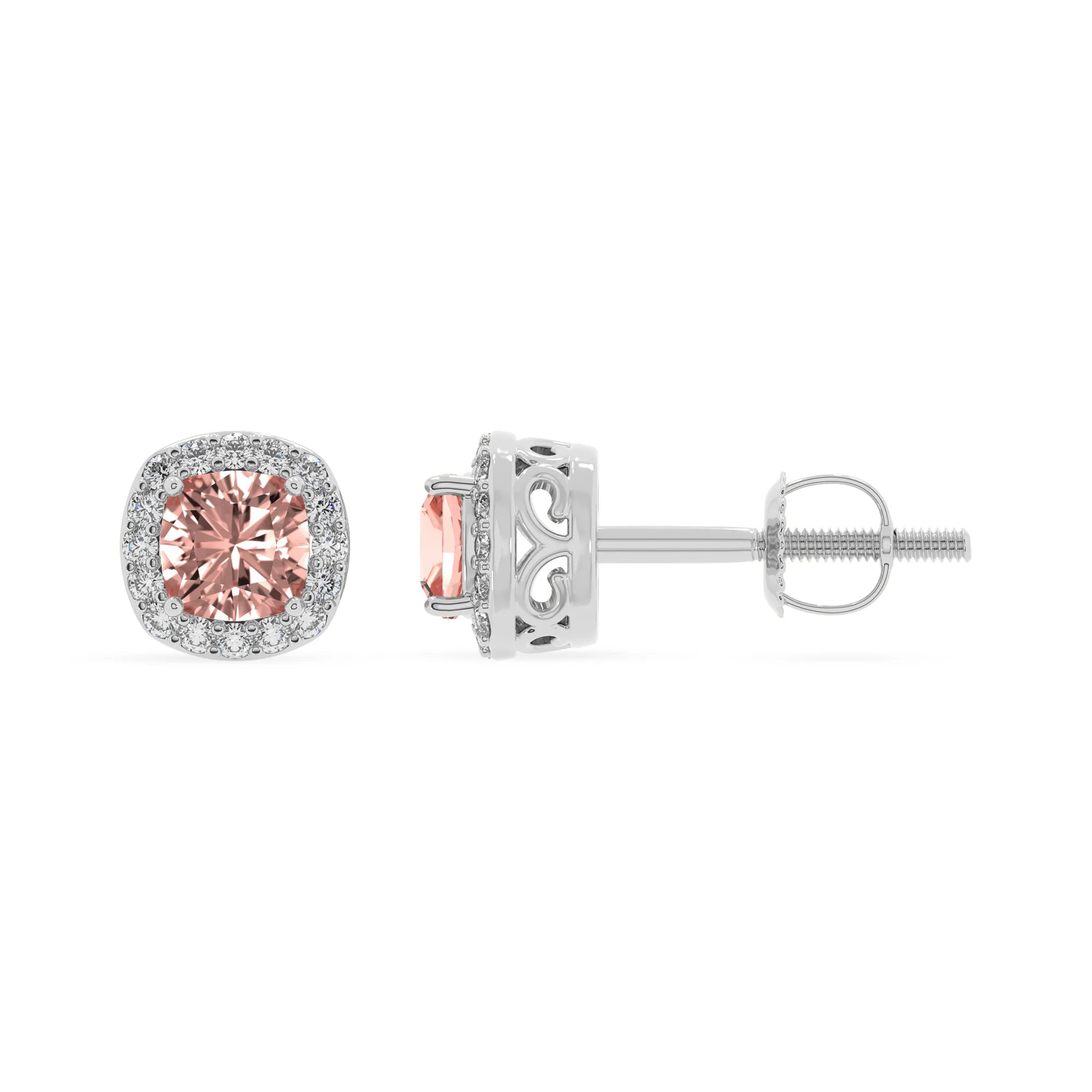 lab grown morganite cushion stud earrings in white gold 