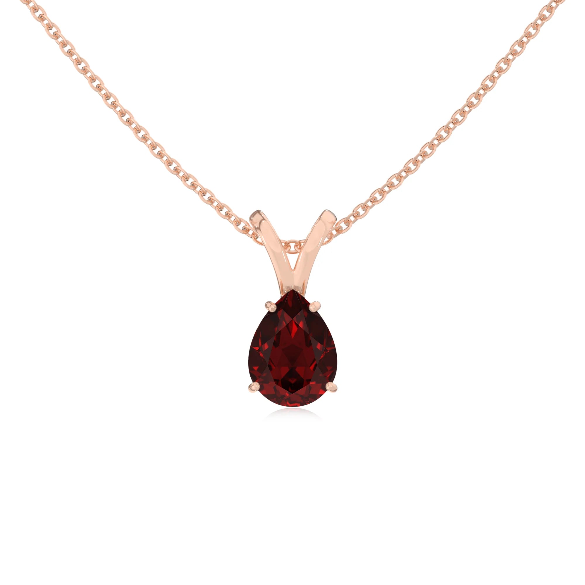 natural garnet pear solitaire v-bale necklaces in rose gold 