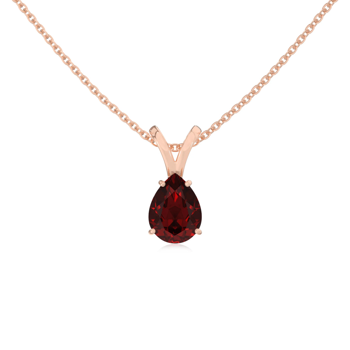 natural garnet pear solitaire v-bale necklaces in rose gold 