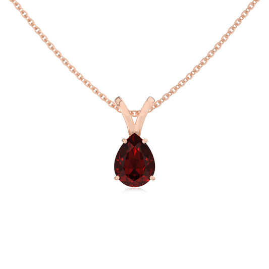 natural garnet pear solitaire v-bale necklaces in rose gold 