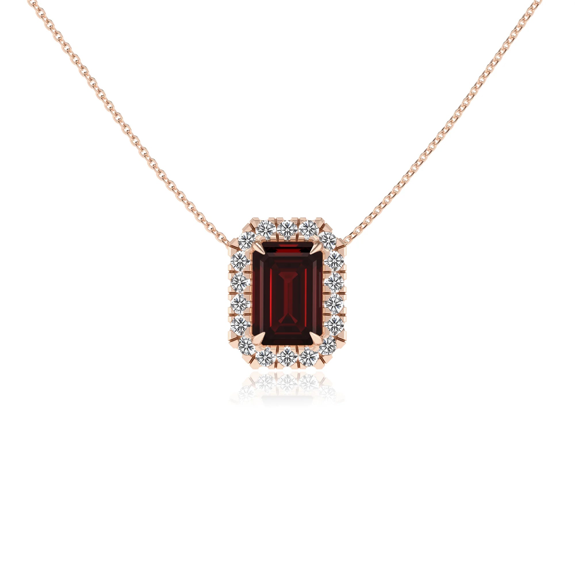 natural garnet emerald cut solitaire necklaces in rose gold 
