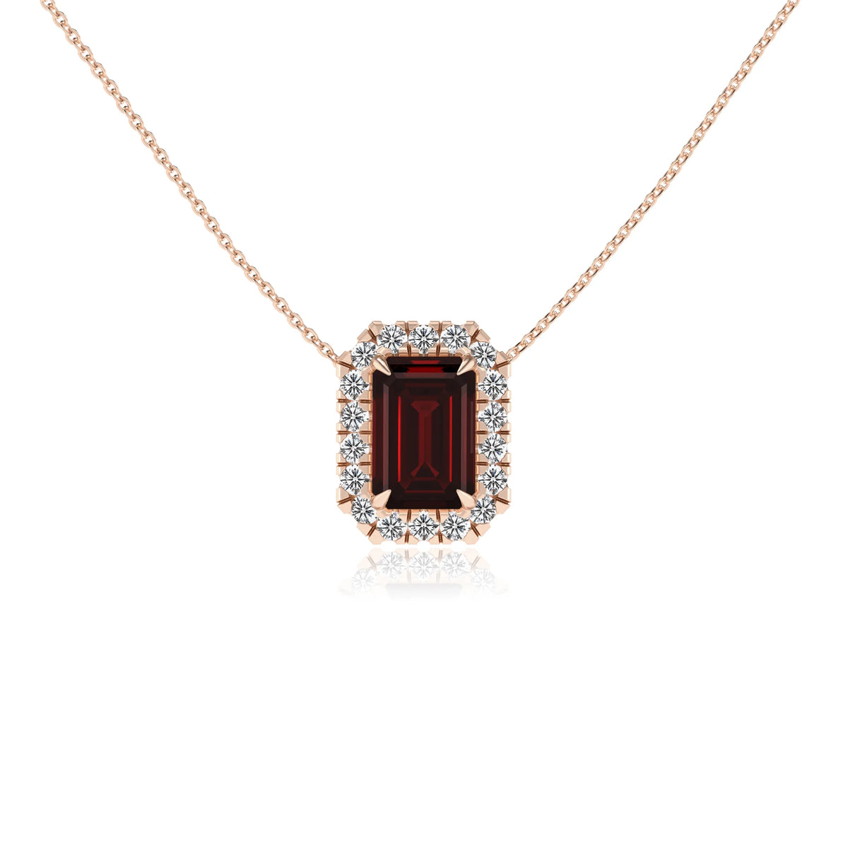 natural garnet emerald cut solitaire necklaces in rose gold 