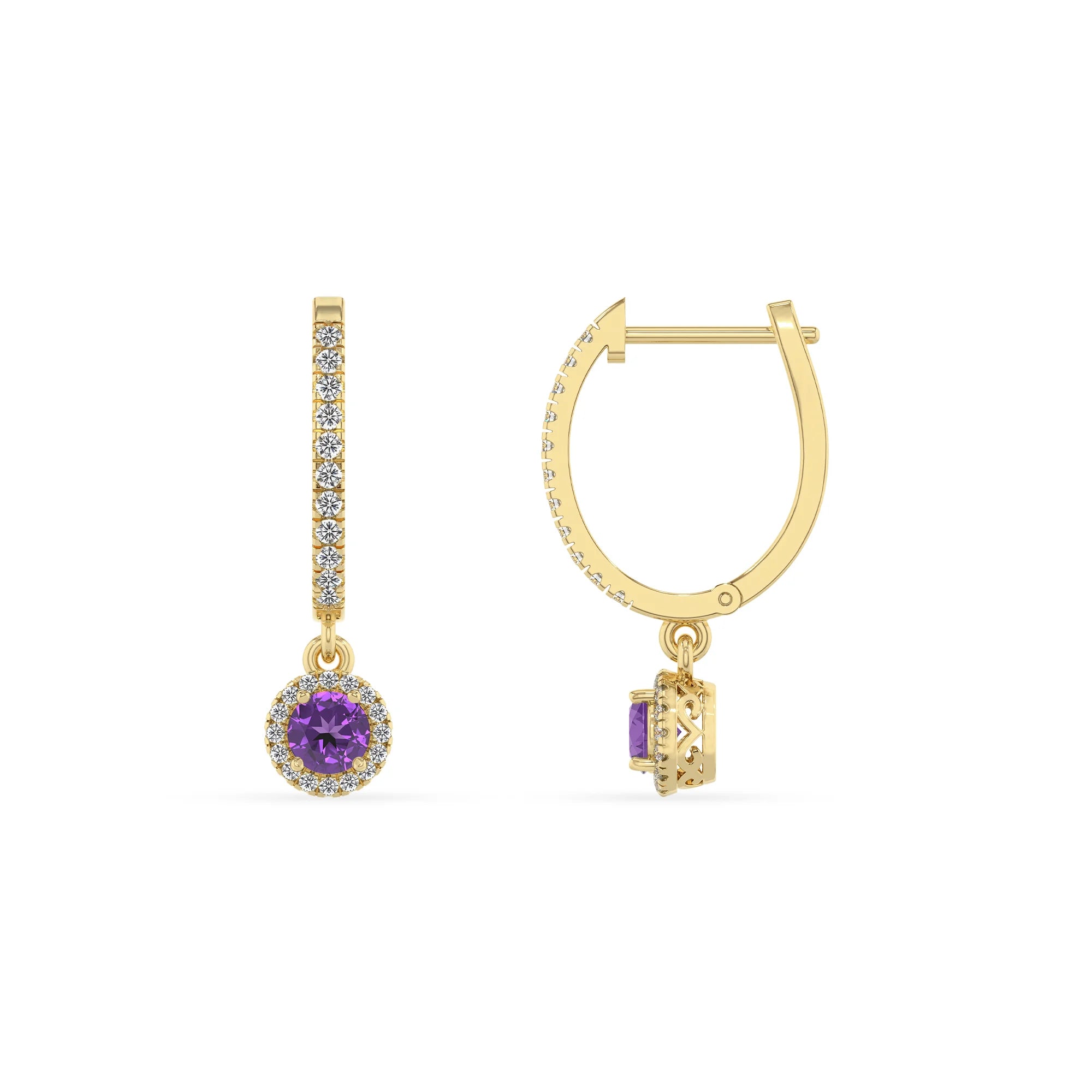 lab grown amethyst round drop earrings in yellow gold 