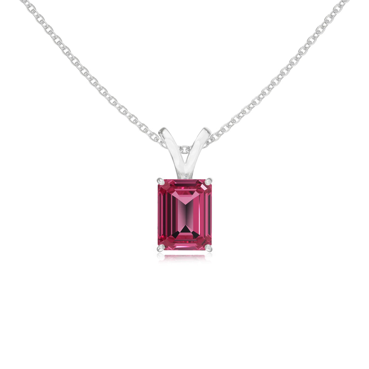 lab grown pink-tourmaline emerald cut solitaire v-bale necklaces in sterling silver 