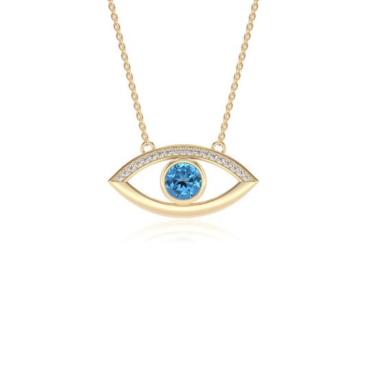 natural swiss-blue-topaz round solitaire necklaces in yellow gold 
