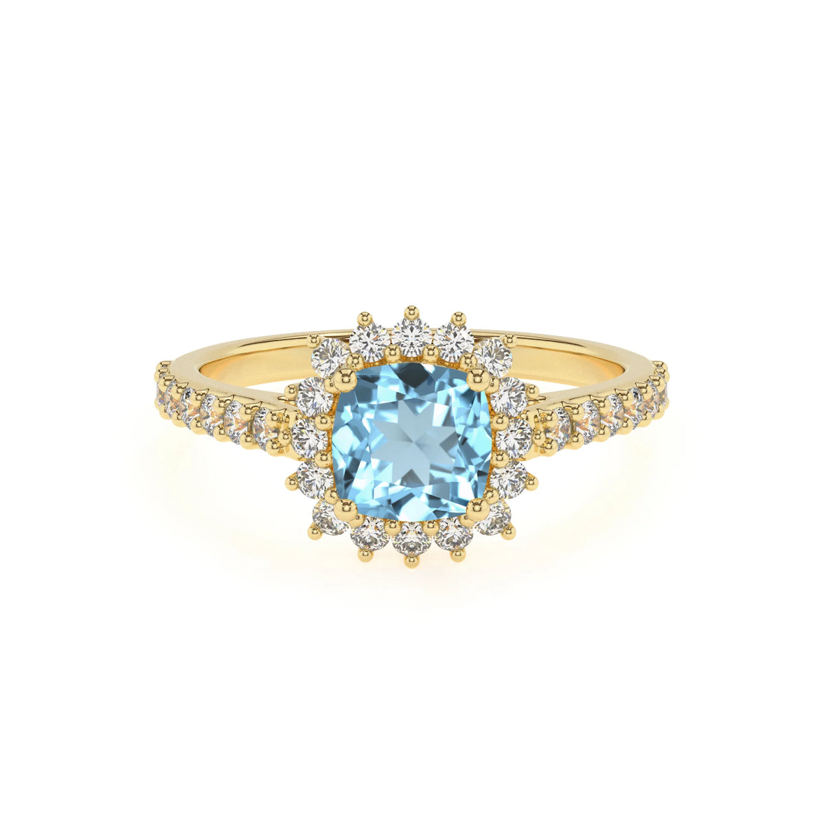 lab grown aquamarine cushion solitaire rings in yellow gold 