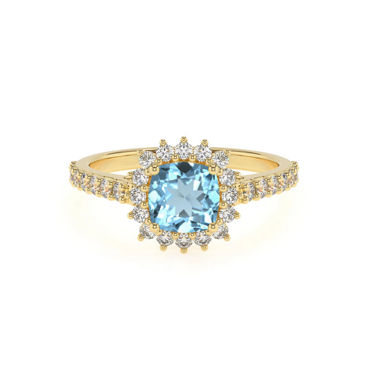 lab grown aquamarine cushion solitaire rings in yellow gold 