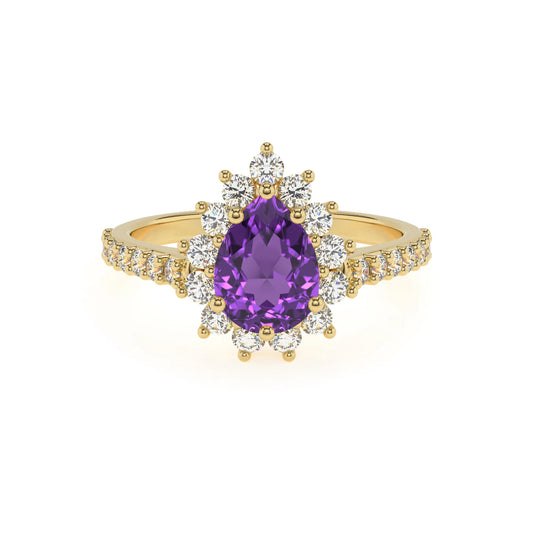 lab grown amethyst pear solitaire rings in yellow gold 