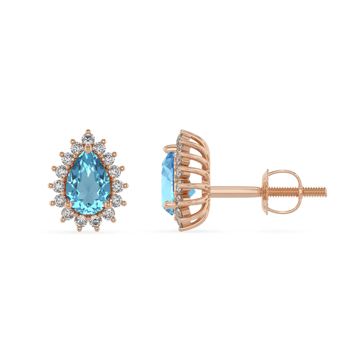 natural swiss blue topaz pear stud earrings in rose gold 