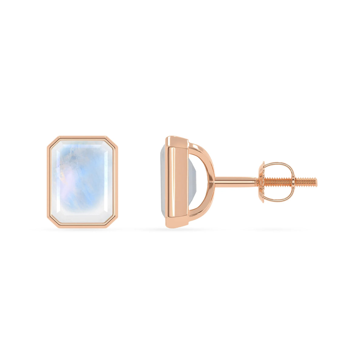 Natural Rainbow Moonstone Emerald-Cut Solitaire Stud Earrings