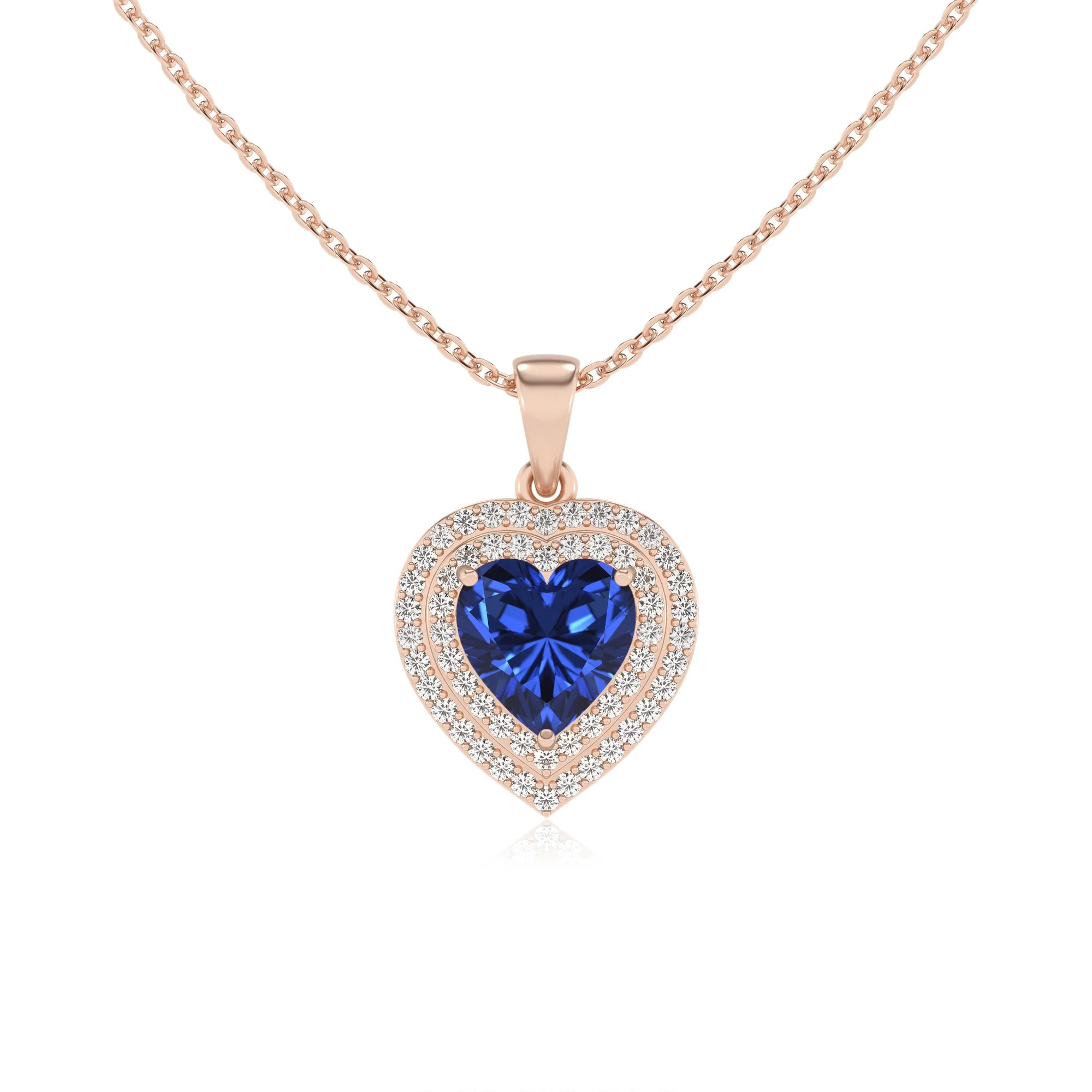 lab grown blue sapphire heart halo necklaces in rose gold 