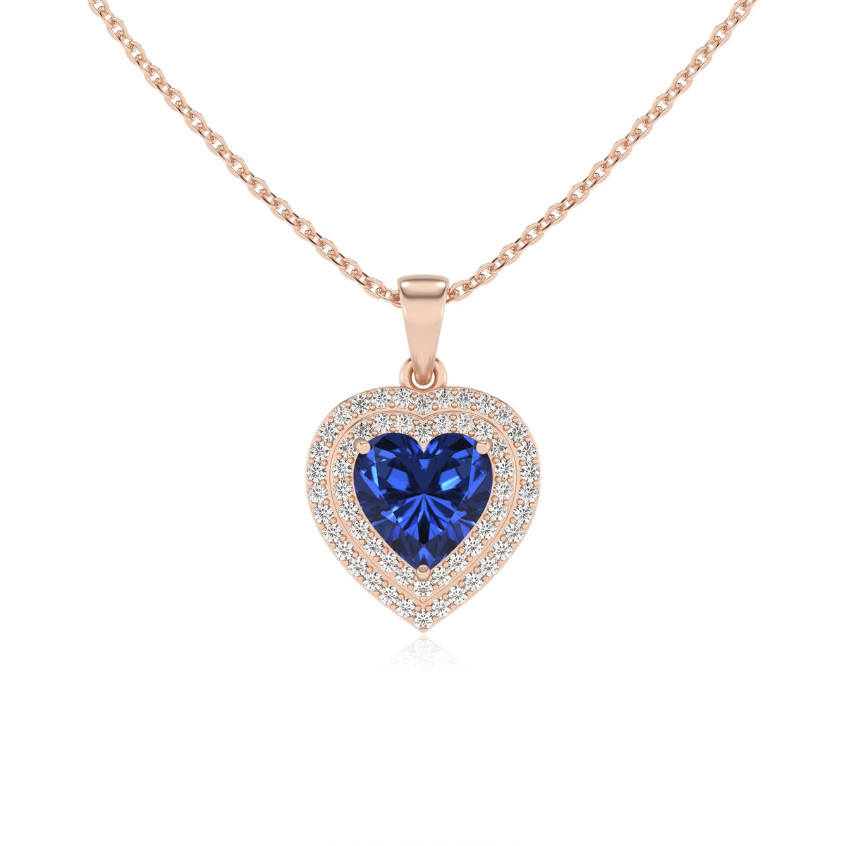 lab grown blue sapphire heart halo necklaces in rose gold 