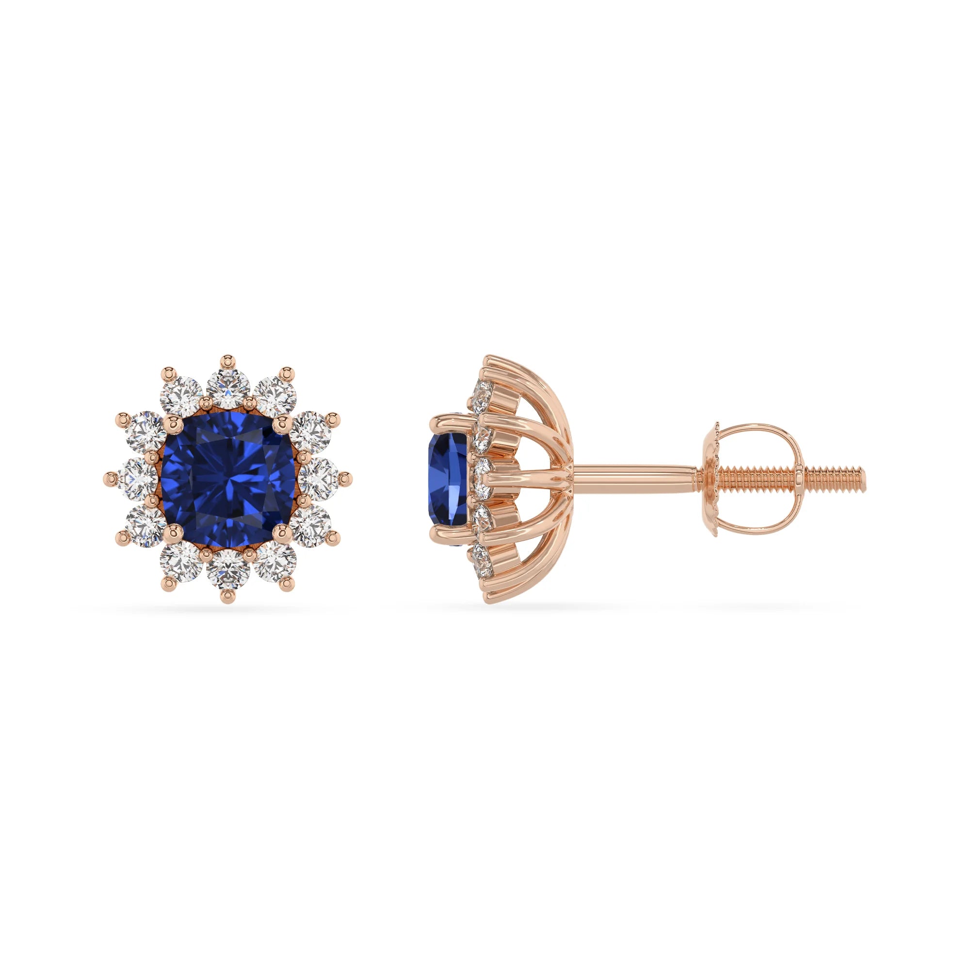 lab grown blue sapphire cushion stud earrings in rose gold 