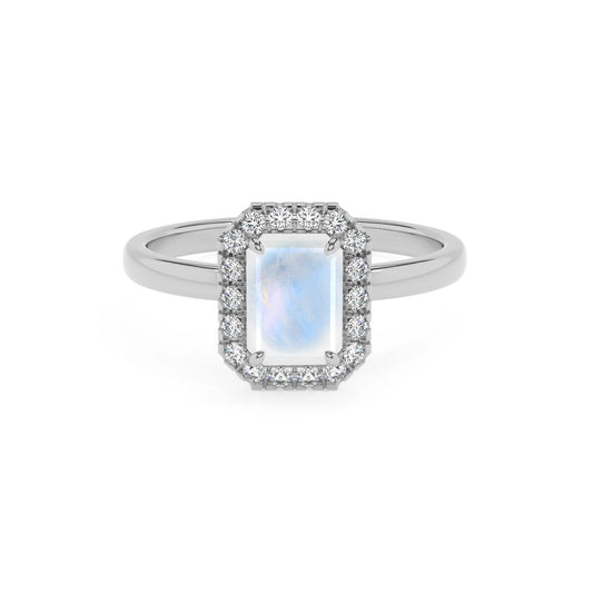 natural rainbow-moonstone emerald cut solitaire rings in sterling silver 