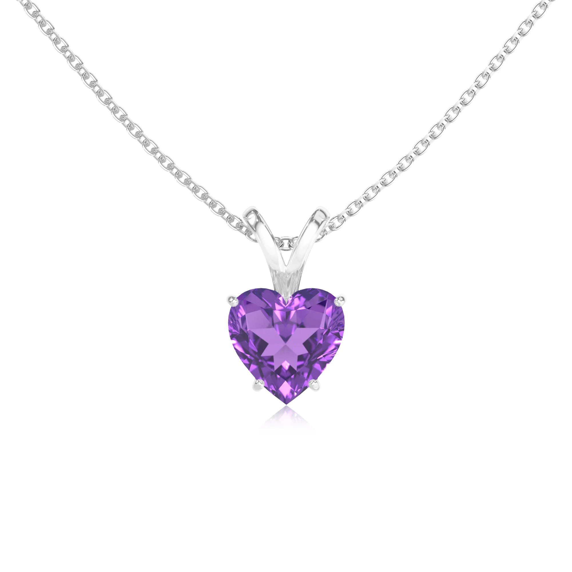 lab grown amethyst heart solitaire v-bale necklaces in sterling silver 