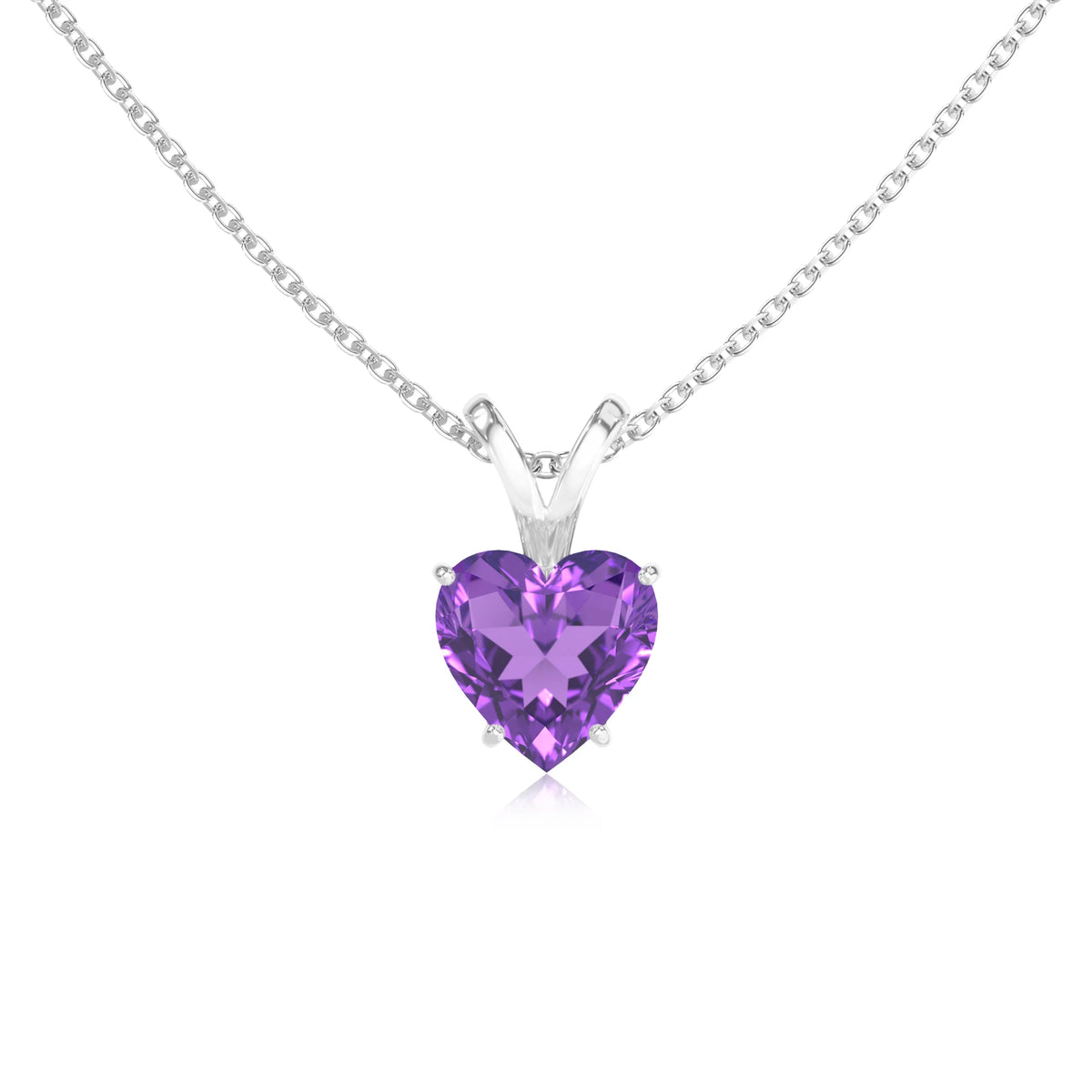 lab grown amethyst heart solitaire v-bale necklaces in sterling silver 