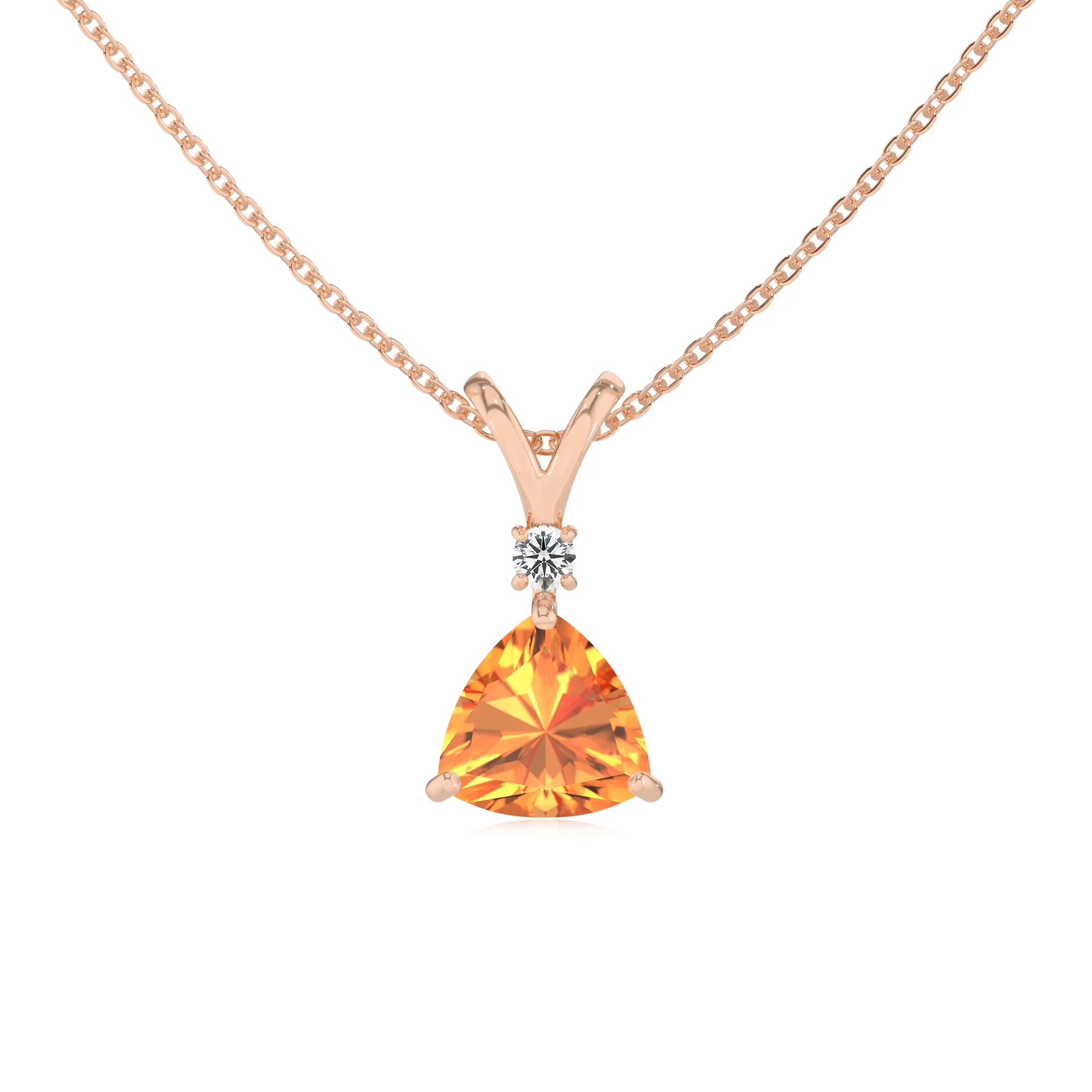 lab grown citrine trillion solitaire v-bale necklaces in rose gold 