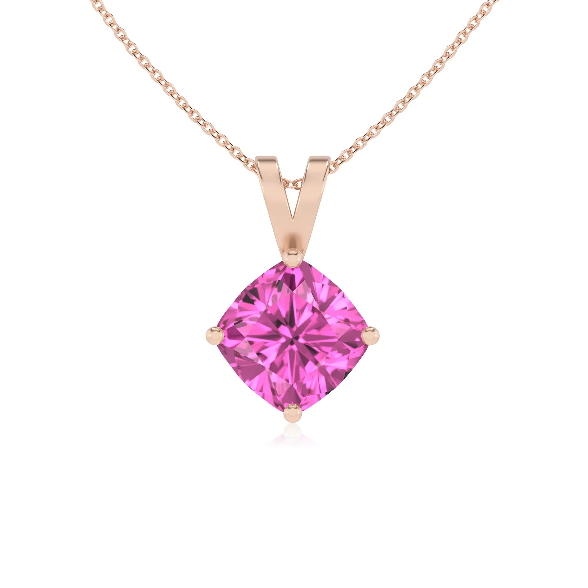 lab grown pink-sapphire cushion solitaire v-bale necklaces in rose gold 