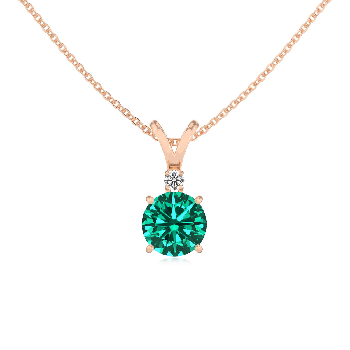 lab grown emerald round solitaire v-bale necklaces in rose gold 