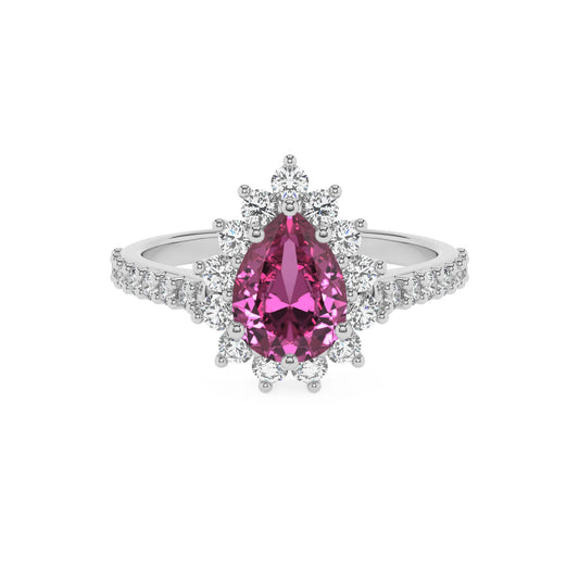 lab grown pink-sapphire pear solitaire rings in platinum 