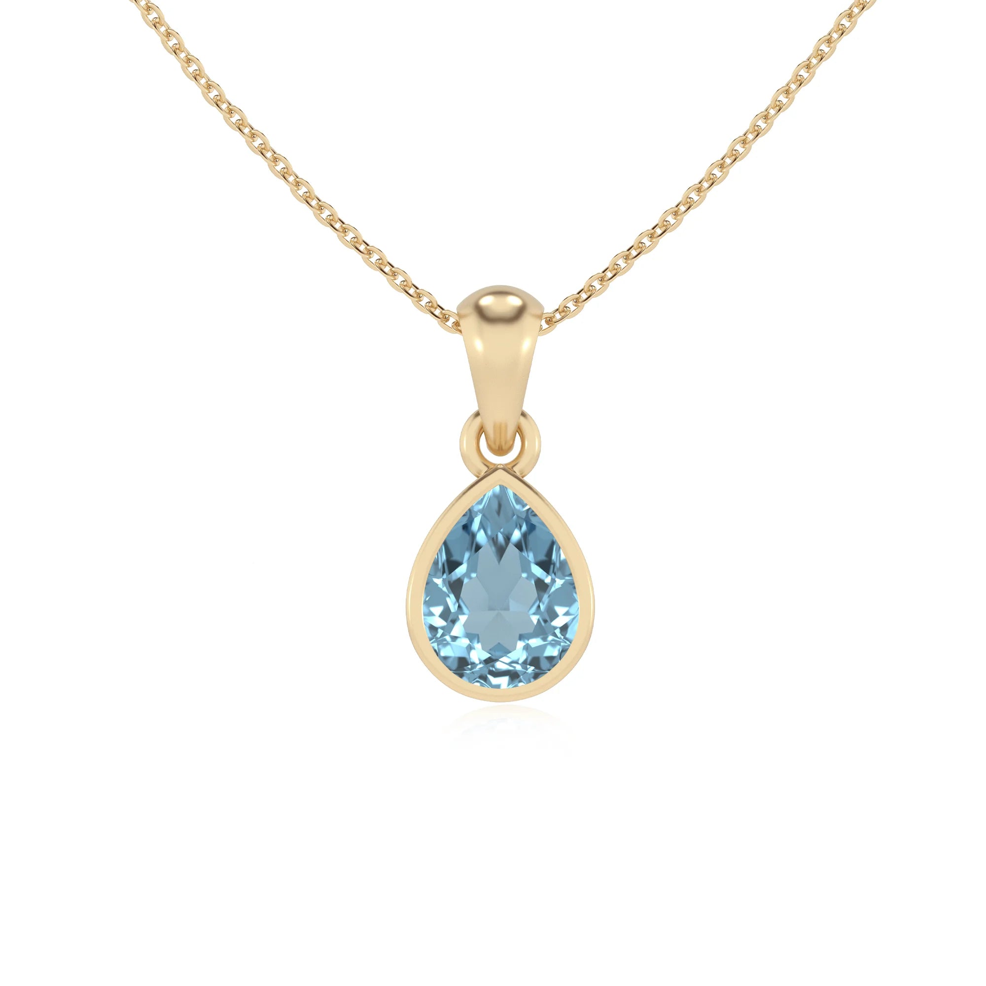 lab grown aquamarine pear solitaire necklaces in yellow gold 