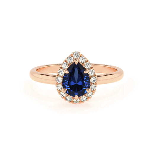 lab grown blue-sapphire pear solitaire rings in rose gold 