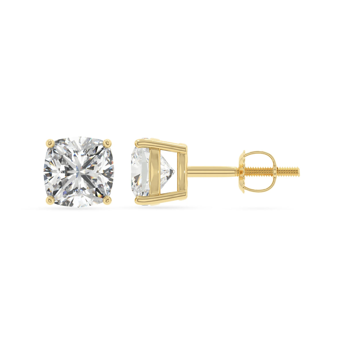 lab grown moissanite cushion stud earrings in yellow gold 