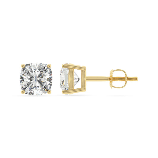lab grown moissanite cushion stud earrings in yellow gold 