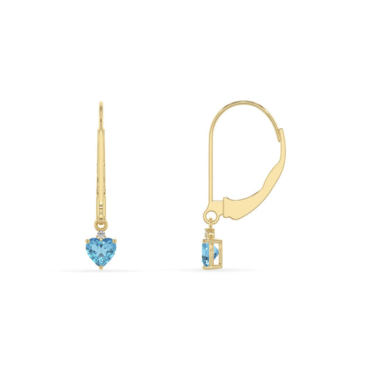 natural swiss blue topaz heart drop earrings in yellow gold 