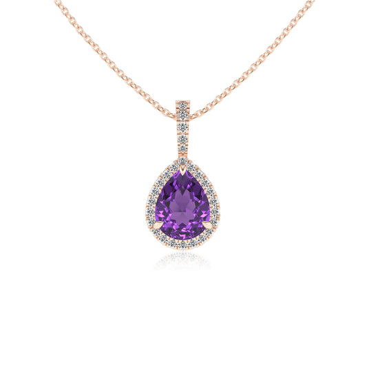 lab grown amethyst pear solitaire necklaces in rose gold 