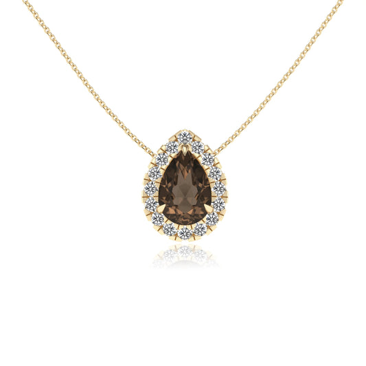 natural smoky quartz pear solitaire necklaces in yellow gold 