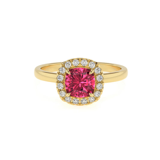 lab grown pink-tourmaline cushion solitaire rings in yellow gold 