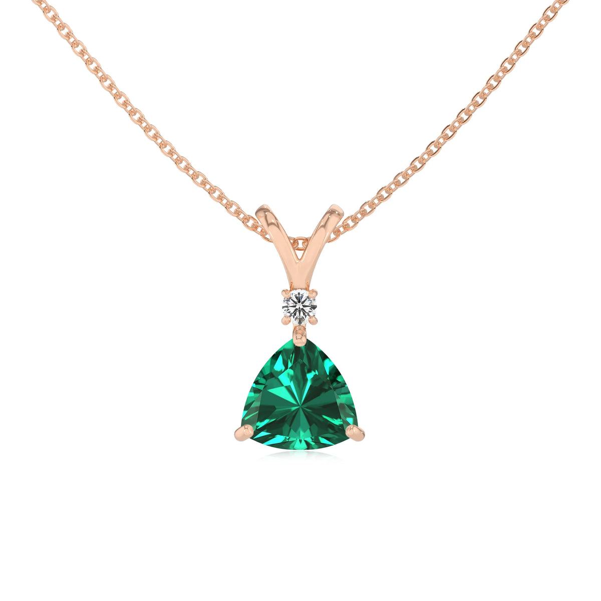 lab grown emerald trillion solitaire v-bale necklaces in rose gold 