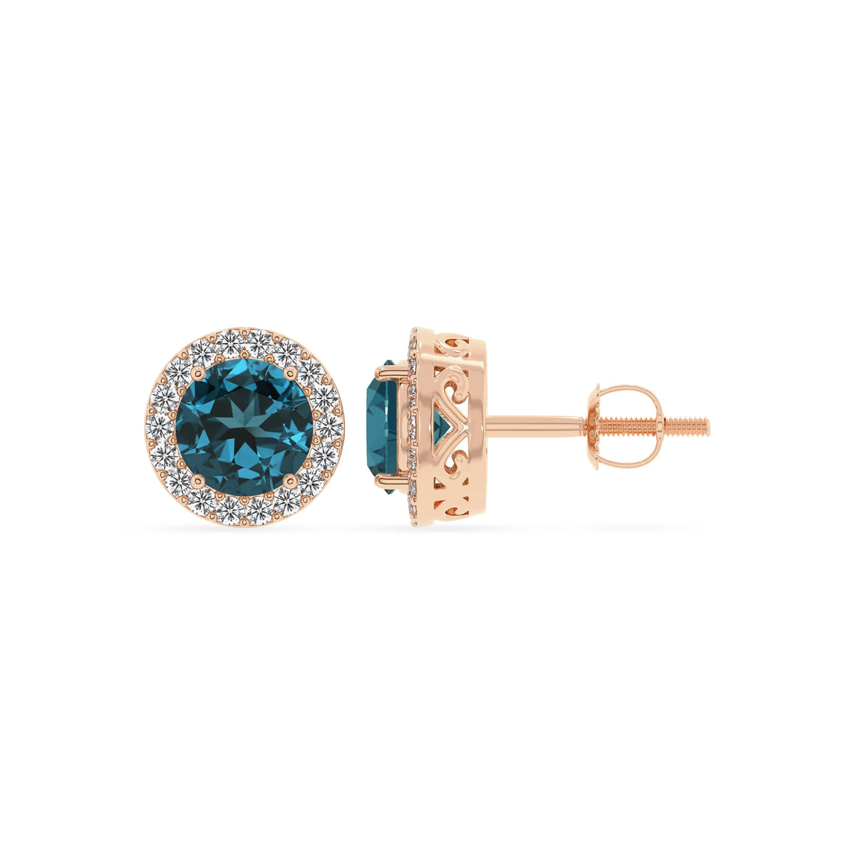 natural london blue topaz round stud earrings in rose gold 