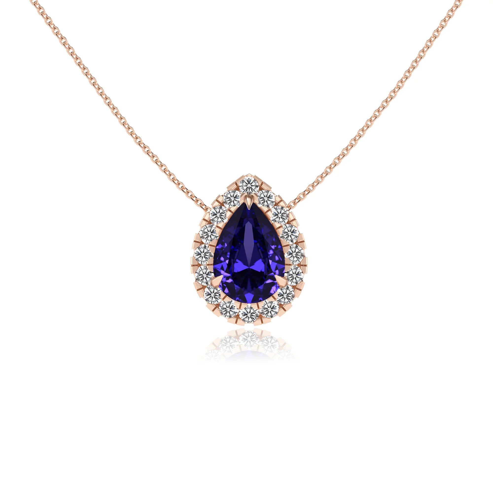 lab grown tanzanite pear solitaire necklaces in rose gold 