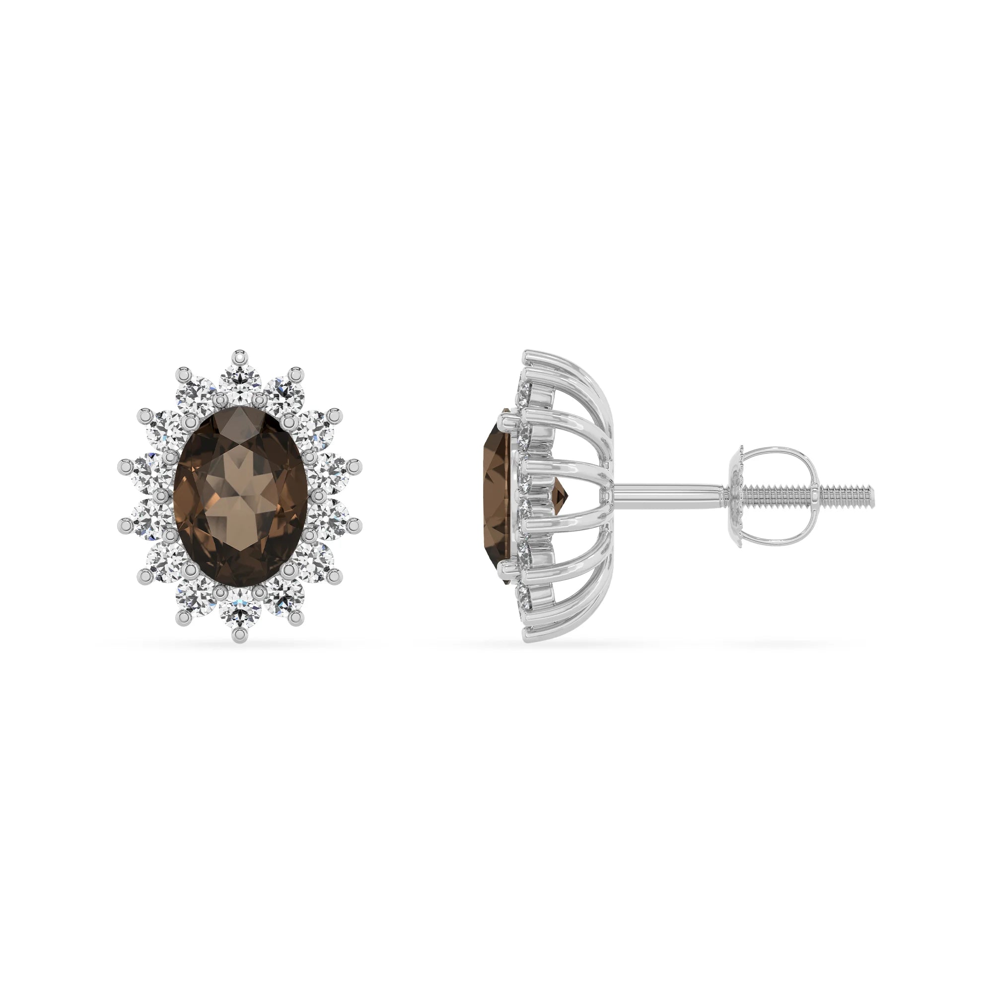 natural smoky quartz oval stud earrings in white gold 