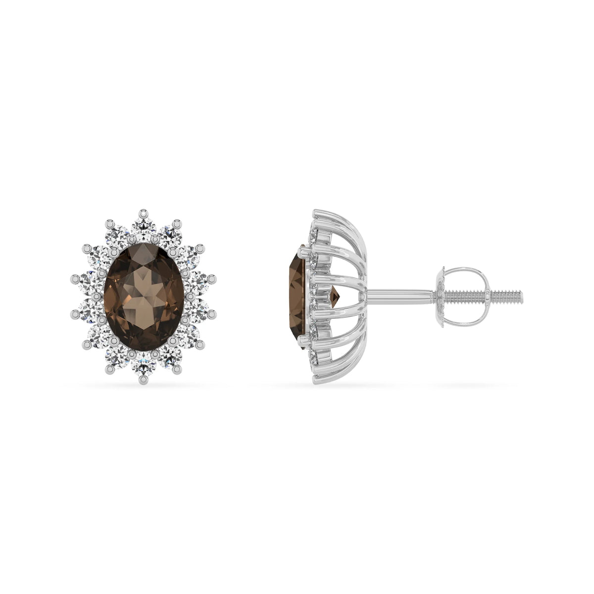 natural smoky quartz oval stud earrings in white gold 