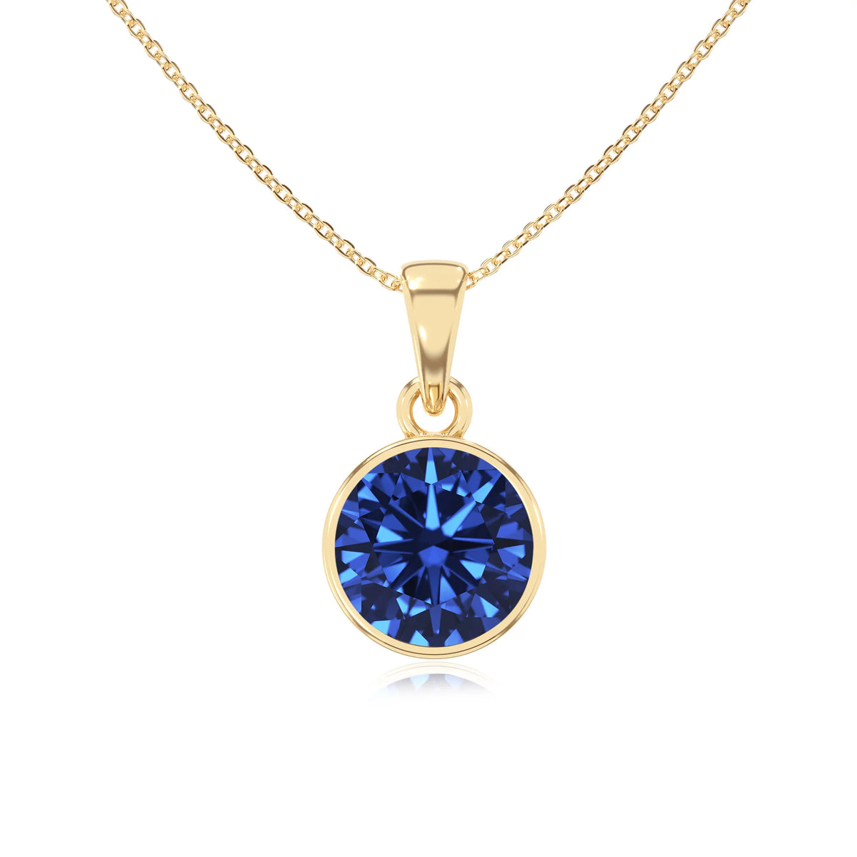 lab grown blue-sapphire round solitaire necklaces in yellow gold 