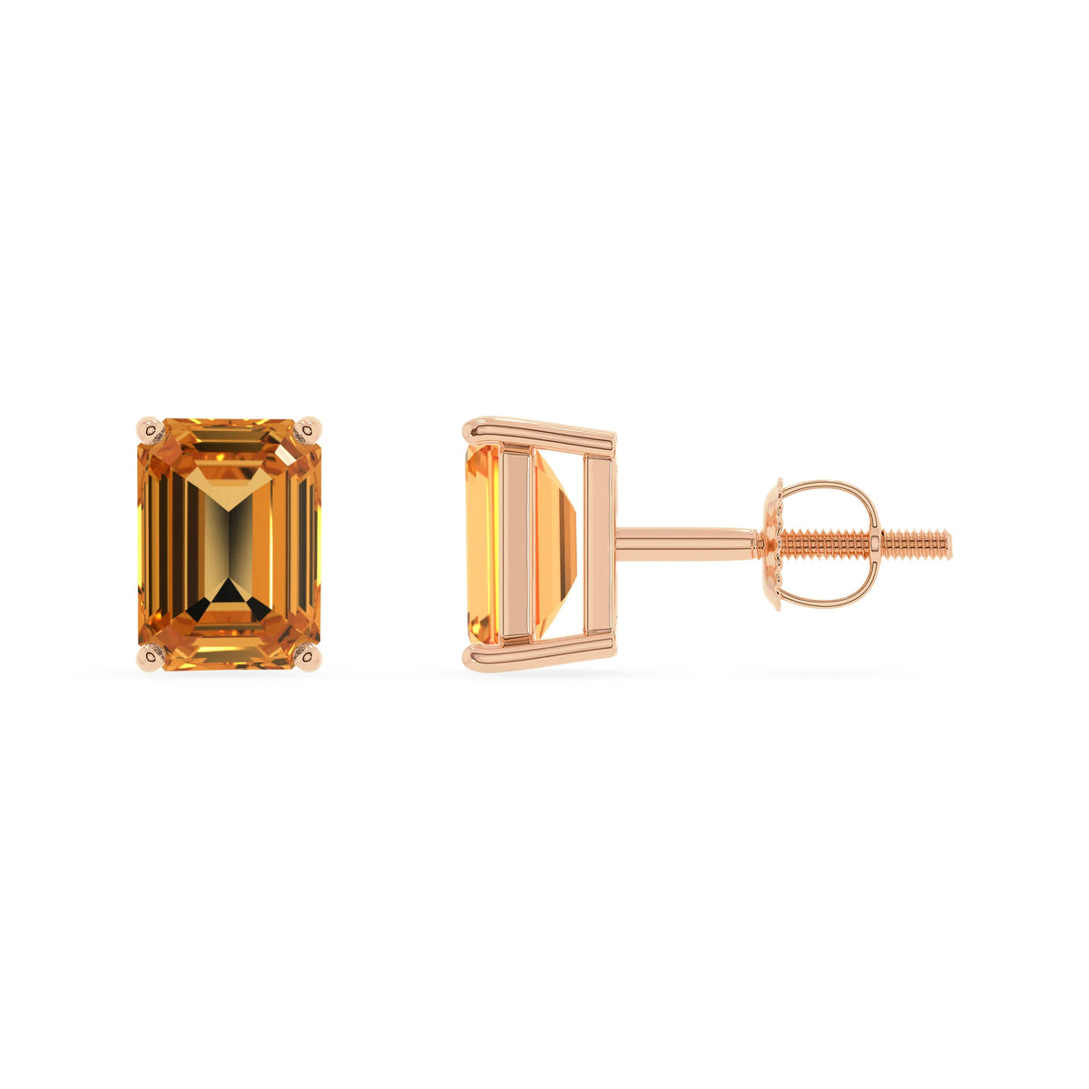lab grown citrine emerald cut stud earrings in rose gold 