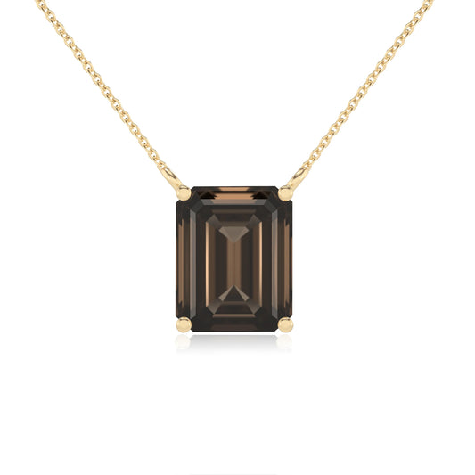 natural smoky-quartz emerald cut solitaire necklaces in yellow gold 