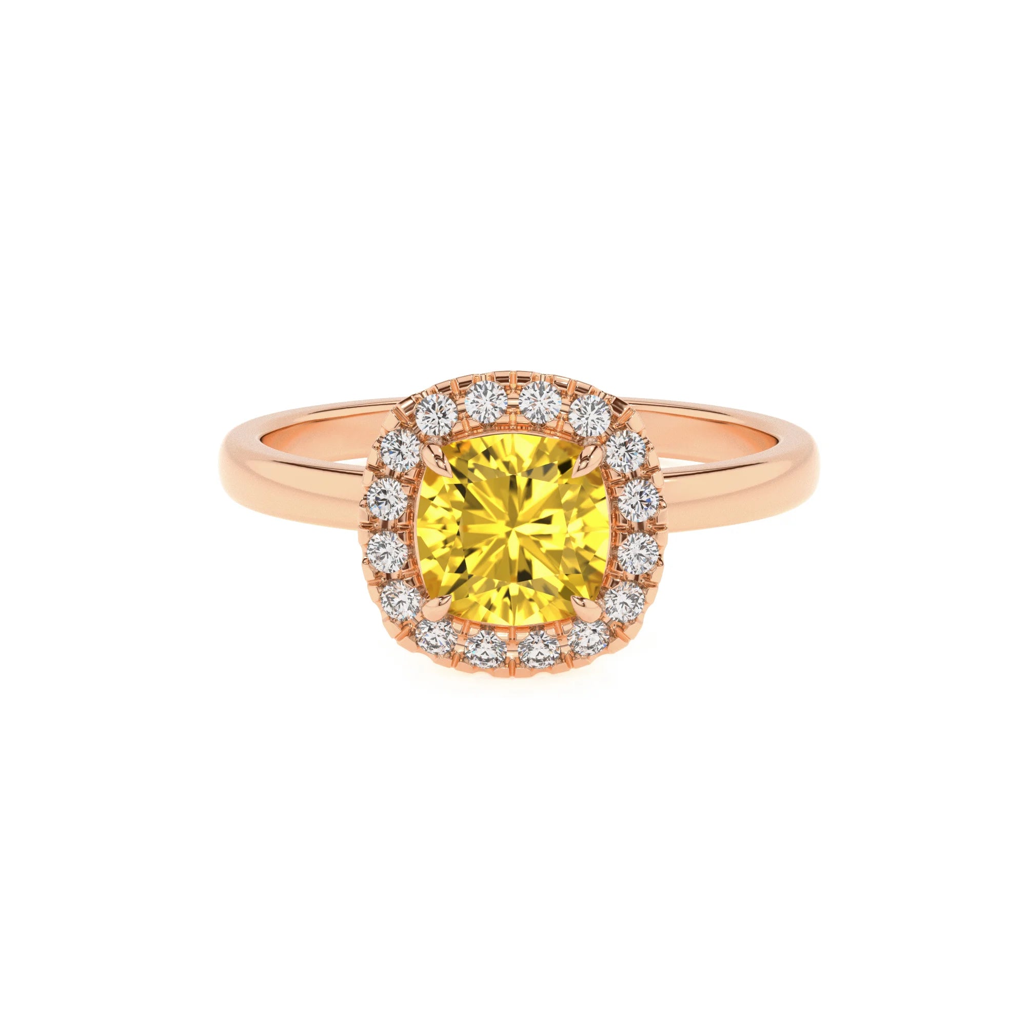 lab grown yellow-sapphire cushion solitaire rings in rose gold 
