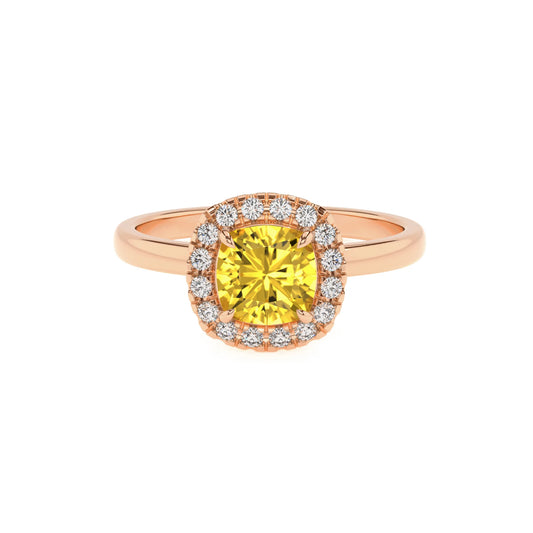 lab grown yellow-sapphire cushion solitaire rings in rose gold 
