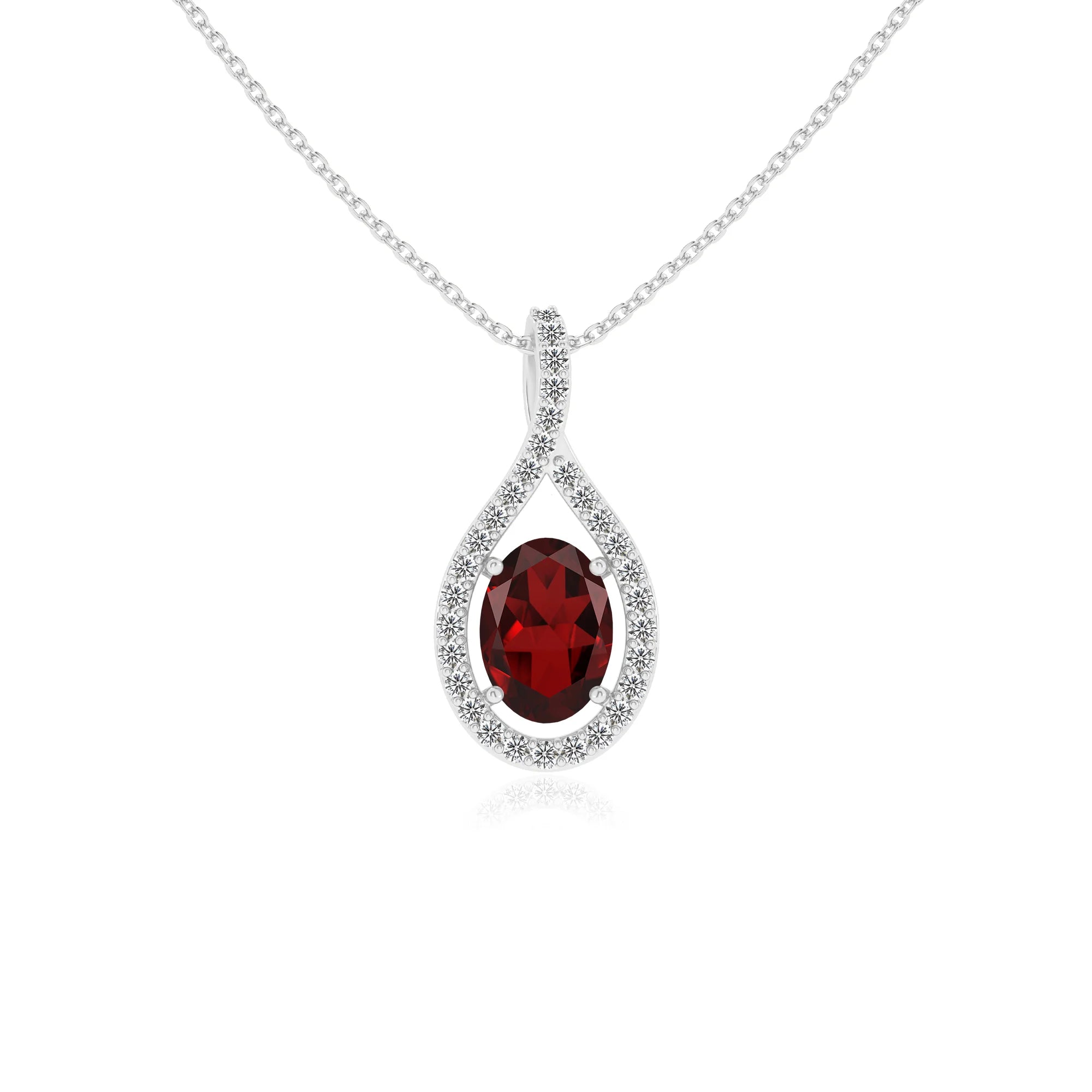 natural garnet oval solitaire necklaces in white gold 
