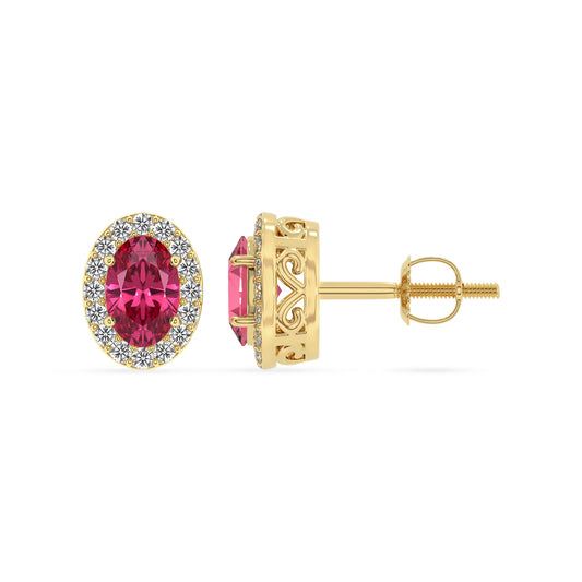 lab grown pink tourmaline oval stud earrings in yellow gold 