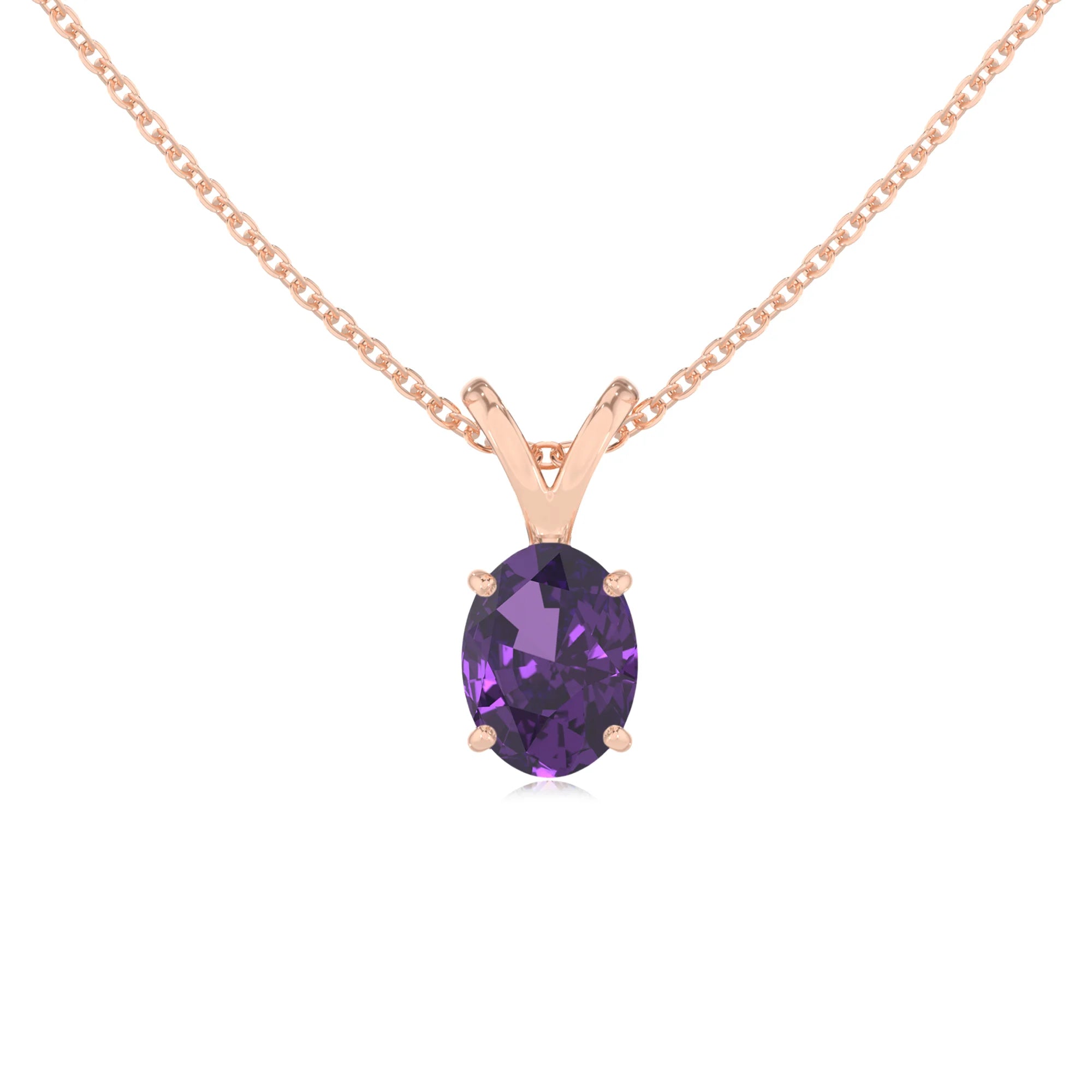lab grown amethyst oval solitaire v-bale necklaces in rose gold 