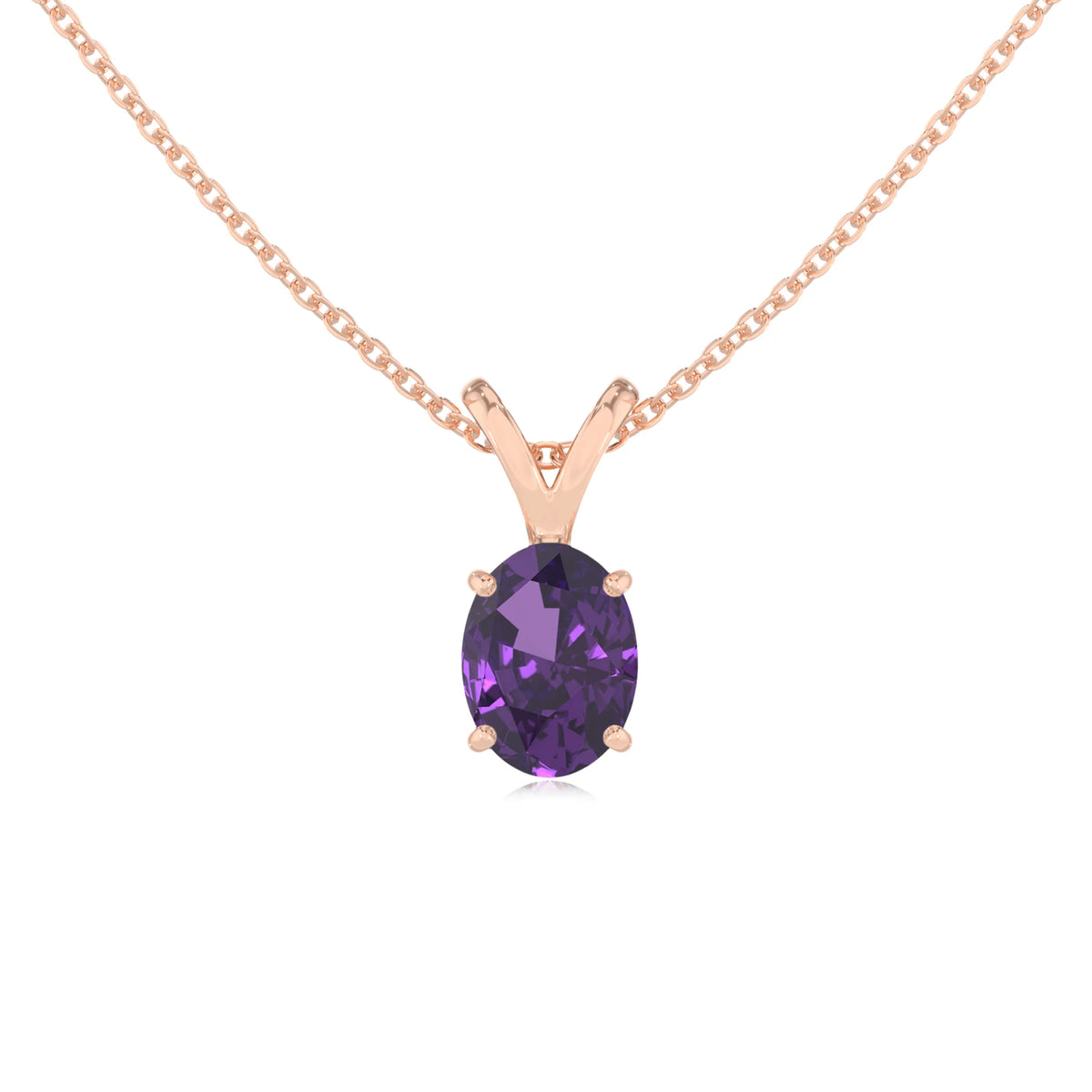 lab grown amethyst oval solitaire v-bale necklaces in rose gold 