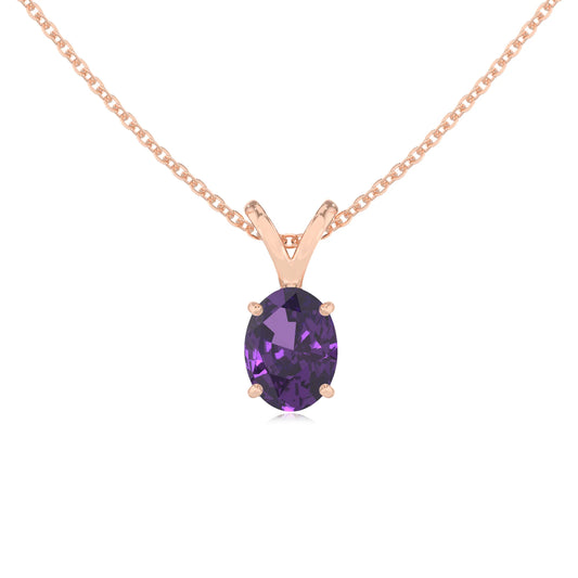lab grown amethyst oval solitaire v-bale necklaces in rose gold 